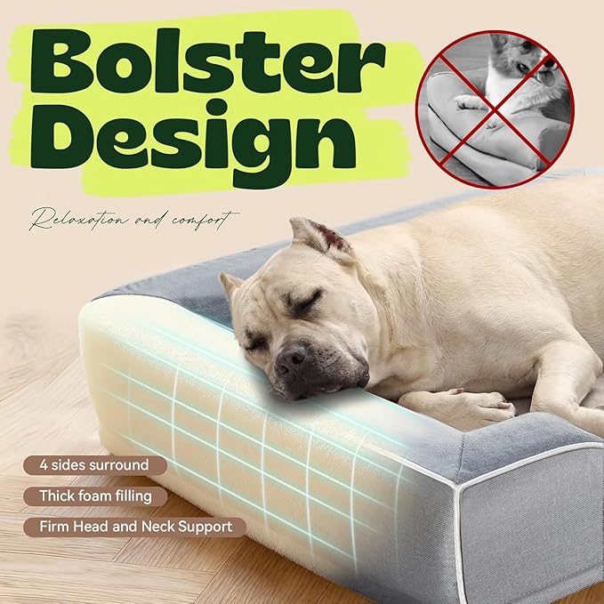 XXL Orthopedic Dog Couch Bed 48",Cooling Gel & Egg-Crate Memory Foam Dog Bed for Extra Large Dogs,Waterproof Removable Cover with High Resilience Bolster,Ideal for Senior Pets with Joint Pain,Grey