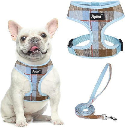 PUPTECK Soft Mesh Dog Harness and Leash Set Pet Puppy Cat Comfort Padded Vest No Pull Harnesses, Blue&Brown, XL