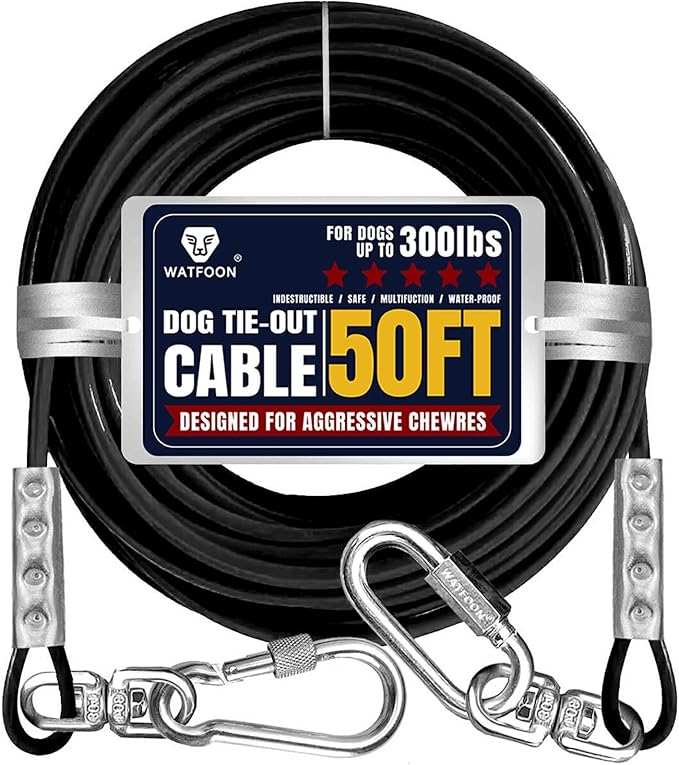 Tie Out Cable for Dogs Up to 300lbs,50ft Extra Strong 1000lbs Break Strength Tie-Out Tether Trolley Training Lead,Dog Run Cable for Yard Garden Park Camping Outside (Black, 300lbs 50ft)