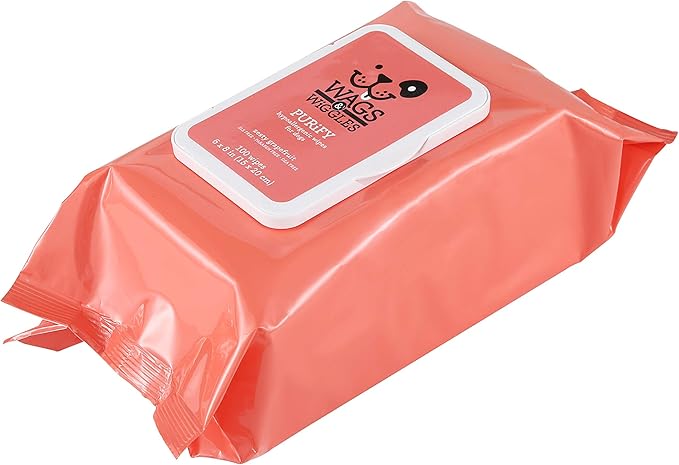 Wags & Wiggles Purify Hypoallergenic Wipes for Dogs, Zesty Grapefruit Scent - Scented Dog Wipes Gently Clean & Condition Your Dog's Coat Without A Bath, 100 Count