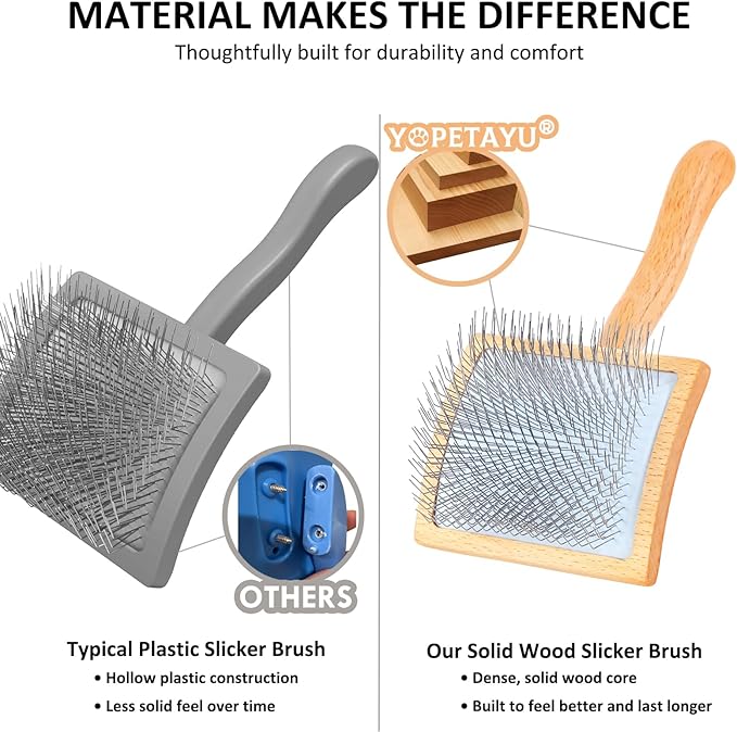 Dog Slicker Brush & Stainless Steel Comb Set for Shedding & Grooming Medium & Large Long or Thick Coated Dogs, Doodles & Cats, 1 Inch Pin Slicker Brush with Ergonomic Wooden Handle, Oak