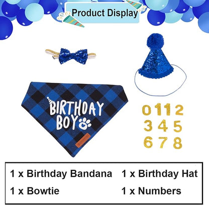 ADOGGYGO Cat Birthday Party Supplies, Birthday Boy Plaid Kitten Bandana, Blue Cat Party Hat with Numbers, Bowtie (Blue)