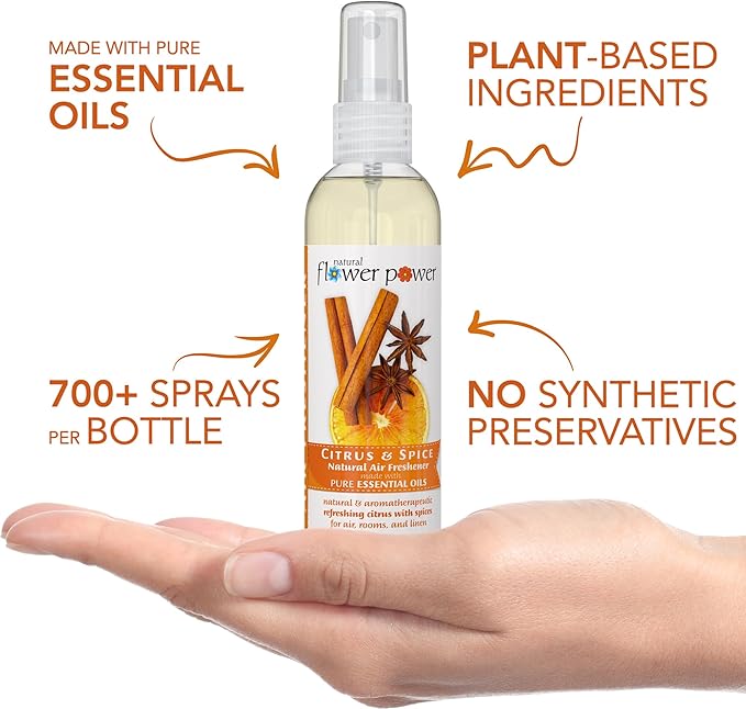Natural Flower Power Air Freshener Spray - Odor Eliminator w/Essential Oils - Home, Car & Fabric - Cruelty Free & Vegan - 3 - Citrus & Spice - 3 x 4 fl oz