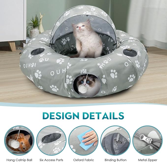 OUHOU Cat Tunnel Bed for Indoor Cats, Donut Tunnel with Mat, Straight Tunnel, 4 Hanging Balls and Blackout Tent, Collapsible Peekaboo Cat Cave