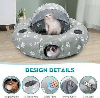 OUHOU Cat Tunnel Bed for Indoor Cats, Donut Tunnel with Mat, Straight Tunnel, 4 Hanging Balls and Blackout Tent, Collapsible Peekaboo Cat Cave