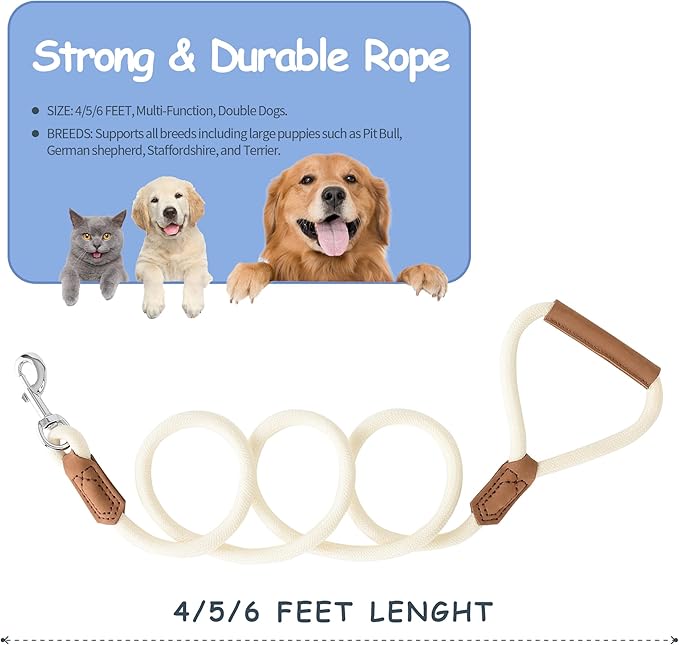 Mile High Life Leather Dog Leash, Heavy Duty Strong Genuine Leather Handle Rope Leash Soft and Comfortable for Small Medium Large Dogs (Cream White, 72 Inch)