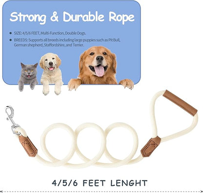 Mile High Life Leather Dog Leash, Heavy Duty Strong Genuine Leather Handle Rope Leash Soft and Comfortable for Small Medium Large Dogs (Cream White, 60 Inch)