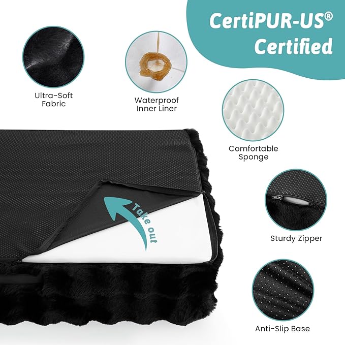 COZY KISS Orthopedic Dog Bed for Large Size Dog, Soft and Warm Faux Fur Extra Large Sofa for Pet Up to 100 lbs, Foam Bolster Anti-Slip Couch with Washable Removable Cover, XL 44x32x7 inch, Black