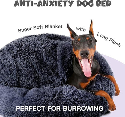 Himax Dog Beds for Large Dogs, Donut Dogs Beds with Blanket Attached, Calming Dog Bed Washable (20"/26"/35") Grey