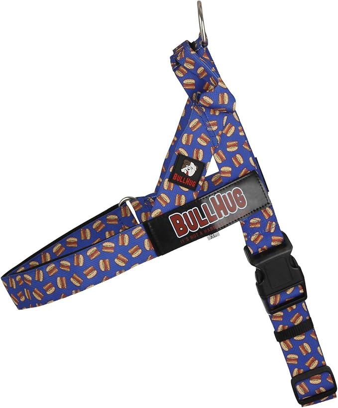 BULLHUG Adjustable Dog Harness– No Pull, No Choke – for English Bulldogs, French Bulldogs, Pugs & Broad-Chested Breeds – Easy, Safe Walks (Blue Burger, XS)