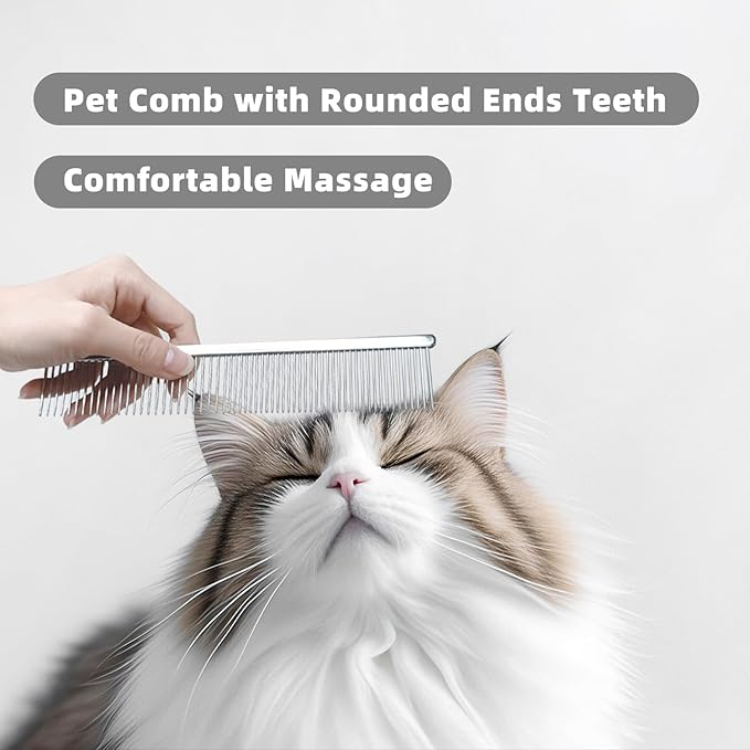 Flybbwl Stainless Steel Dog Comb - Cat Combs with Rounded Ends Teeth - Professional Metal Pet Grooming Removes Tangles Knots for Dogs Cats 7.6IN/1.42IN