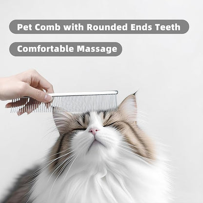 Flybbwl Stainless Steel Dog Comb - Cat Combs with Rounded Ends Teeth - Professional Metal Pet Grooming Removes Tangles Knots for Dogs Cats 7.6IN/1.42IN