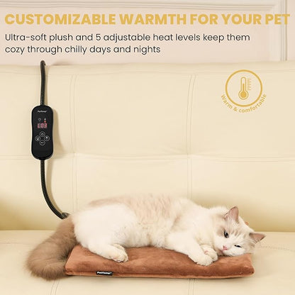 PetTemp Cat Heating Pad, Heated Cat Bed with 5 Heat Levels, Timer & Auto Shut-Off, Waterproof Warmer with Thick Fleece Cover, Chew-Resistant Cord, for Indoor & Sheltered Outdoor Use, 16" x 13"