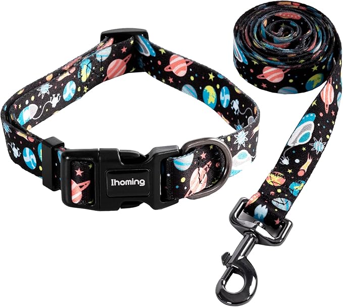 Ihoming Dog Collar and Leash Set for Daily Outdoor Walking Running Training, Space Design for Medium Boys Girls Dogs Cats Pets, M-Up to 45LBS