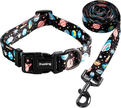 Ihoming Dog Collar and Leash Set for Daily Outdoor Walking Running Training, Space Design for Medium Boys Girls Dogs Cats Pets, M-Up to 45LBS