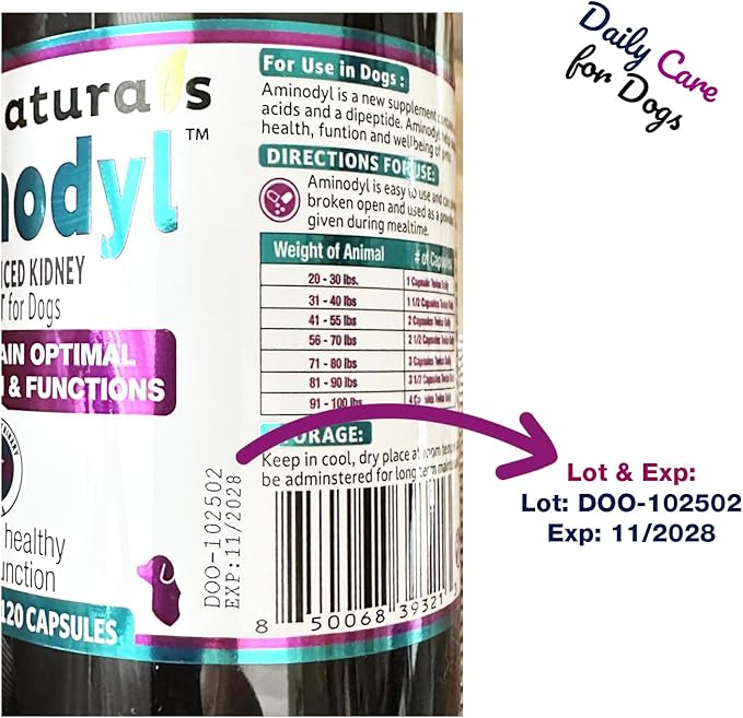 Aminodyl™ Kidney Support Supplement 1100mg for Dogs - Supports Natural Kidney Function with Amino Vastly Promotes Health, Wellbeing & Vitality of Kidneys 120 Sprinkle Capsules. Made in U.S.A