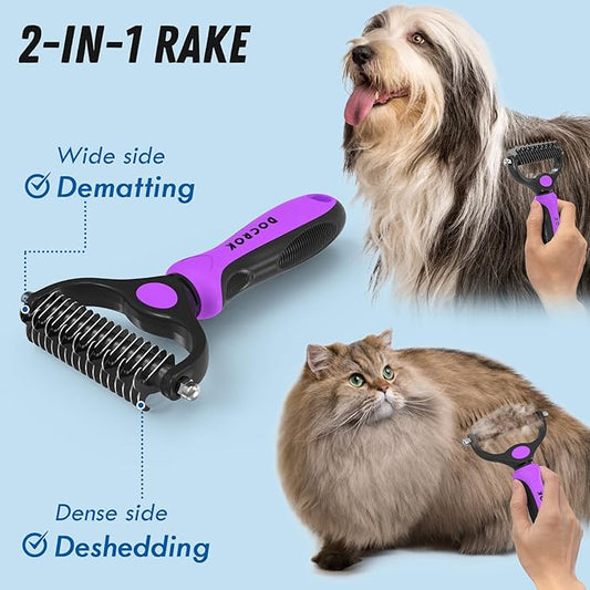 Docrok Pet Grooming Brush and Metal Comb Combo - Undercoat Rake for Dematting and Deshedding Long Matted Haired Dogs and Cats, Purple