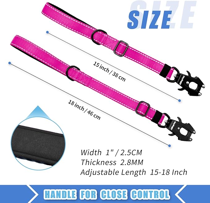 Strong Heavy Duty Dog Leash - Adjustable 15"-18" Reflective Nylon Training Leash with Padded Handle & Frog Clip, Traffic Control for Large Medium Dogs No Pull Walking Hot Pink