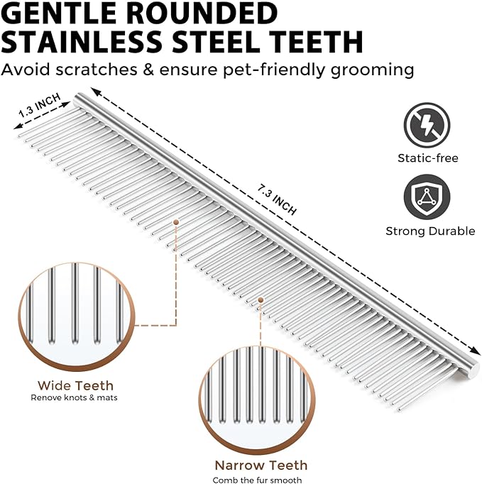 Dog Slicker Brush & Stainless Steel Comb Set for Shedding & Grooming Medium & Large Long or Thick Coated Dogs, Doodles & Cats, 1 Inch Pin Slicker Brush with Ergonomic Wooden Handle, Oak
