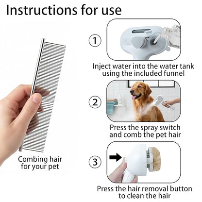 Pet Steam Brush for Dog & Cat, 3-in-1 Steam Grooming Brush - Steam for Shedding & Grooming, Comes with a steel comb, Suitable for long and short haired dogs as well as cats