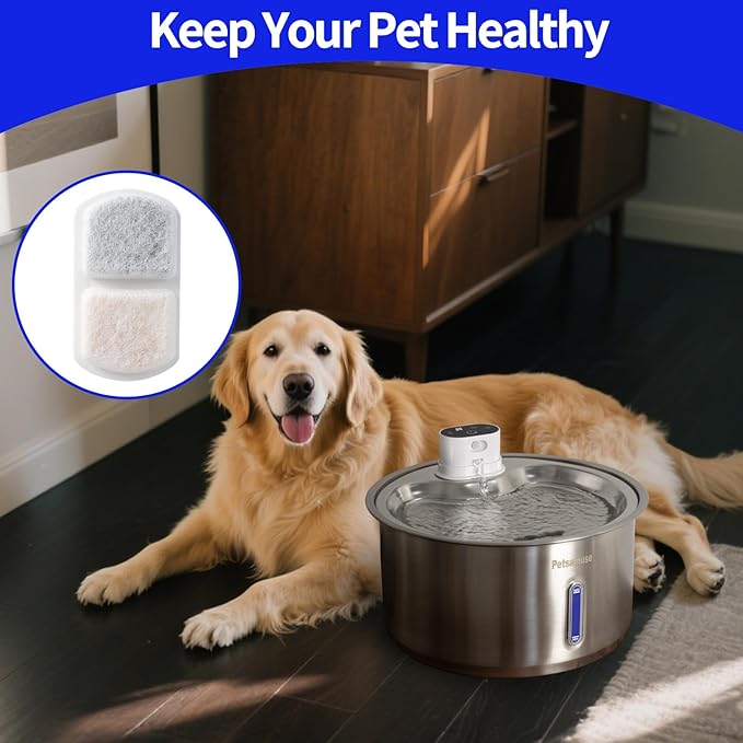 Petsamuse Smart Dog Water Fountain for Large Pets,11L/8L Stainless Steel Bowl Triple Filtration, Great for Large Dogs Cats and Multi-Pet Home (12Set Filters for 11L/8L Battery Dog Fountain)
