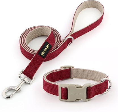 Plutus Pet Cotton Hemp Dog Collar and Leash Set, Adjustable Collar for Small, Medium, and Large Dogs, Heavy Duty and Soft on Skin, Red, S