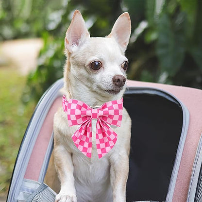 Dog Collar with Bow Tie,UP URARA PUP Pink Plaid Bowtie Dog Collar, Summer Bowtie Collar for Puppy Boy Girl Dog, Comfortable Cotton Dog Collar with Metal Buckle,XS