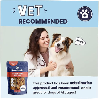 Pawstruck Natural Large 10-13” Beef Collagen Braids for Dogs – Long-Lasting Rawhide & Bully Stick Alternative, with Chondroitin & Glucosamine – 3 Pack