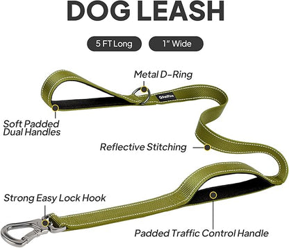PetiFine 5FT Heavy Duty Dog Leash with Soft Padded Double Handle, Durable Strong Clasp Dog Leashes, Reflective Nylon Walking Lead for Large,Medium,Small Breed Dogs, Green
