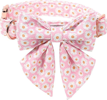 Lionet Paws Floral Dog Collar with Sailor Bow, Spring Cute Daisy Pink Dog Collar Bow Tie for Large Dogs, Neck 16-24 inches