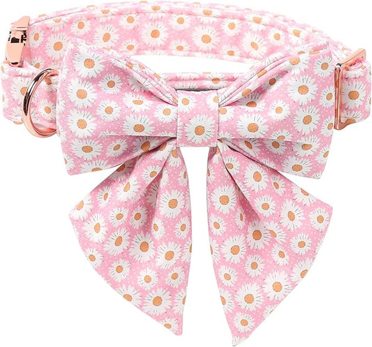 Lionet Paws Floral Dog Collar with Sailor Bow, Spring Cute Daisy Pink Dog Collar Bow Tie for Dogs, Medium, Neck 13.5-22 inches