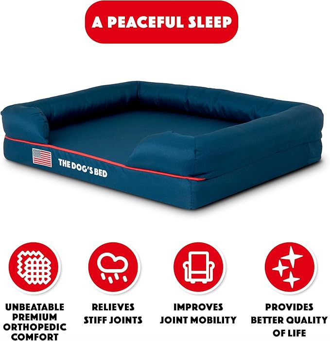 The Dog’s Bed, Medium Blue Oxford with Red Trim USA Flag Dog Bed, Memory Foam, Pain Relief, Post Surgery, Lameness, Supportive, Calming, Waterproof Washable Cover, Veterinary Approved