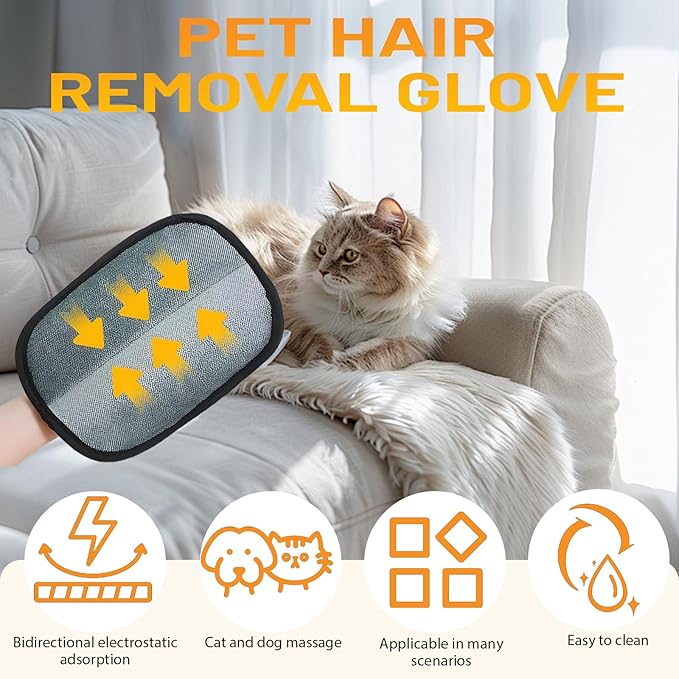 Five-Finger Electrostatic Pet Hair Remover Glove, Reusable Washable Magic Brush Pet Hair Remover Tool for Laundry, Couch, Carpet, Car Seat (2pcs)