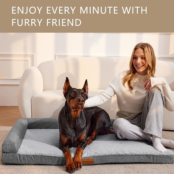 Patas Lague Orthopedic Jumbo Dog Bed for Extra Large Dogs 56''X40'', Waterproof L Bolster Pet Sofa Beds with Removable Washable Cover, Soft Comfortable Pet Couch Crate Mat with Nonskid Bottom, Grey