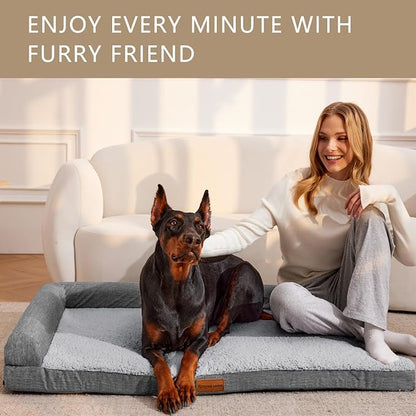 Patas Lague Orthopedic Jumbo Dog Bed for Extra Large Dogs 56''X40'', Waterproof L Bolster Pet Sofa Beds with Removable Washable Cover, Soft Comfortable Pet Couch Crate Mat with Nonskid Bottom, Grey