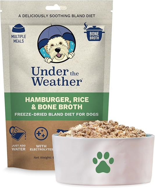 Under the Weather Bland Diet for Dogs | Easy to Digest for Sick Dogs | Always Be Ready | Contains Electrolytes - Natural Freeze Dried 100% Human Grade Meats| 1 Pack- Rice, Hamburger & Bone Broth - 6oz
