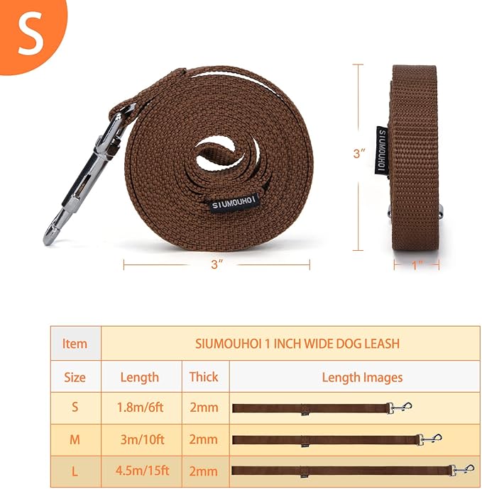 Siumouhoi Strong Durable Nylon Dog Training Leash, 1 Inch Wide Traction Rope, 6 ft 10ft 15ft Long, for Small and Medium Dog (Brown, 6 Feet)