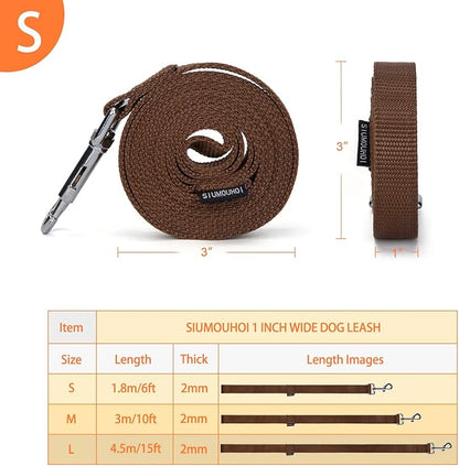 Siumouhoi Strong Durable Nylon Dog Training Leash, 1 Inch Wide Traction Rope, 6 ft 10ft 15ft Long, for Small and Medium Dog (Brown, 6 Feet)