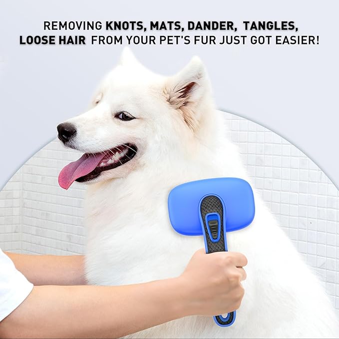 WOPQAEM Self Cleaning Slicker Brush for Dog, Cat, Skin Friendly Shedding & Grooming Tool for Long and Short Haired Pets, Easy Clean Retractable Bristles, Blue