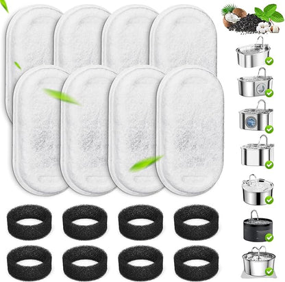 EZMioo Cat Water Fountain Filters, 8 Pack Replacement Filters & Pre-Filter Sponges for 3.2L/108Oz & 2L/67oz Stainless Steel Pet Fountain, Carbon Filters for Automatic Cat Water Dispenser Water