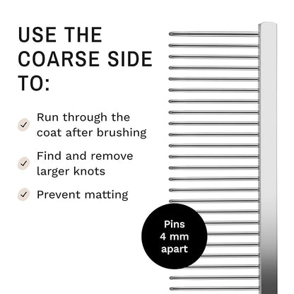 Eye Envy ProGlide Detangling Comb for Dogs and Cats. Dual-sided 7.5” Greyhound-style comb with 30mm rounded teeth. Gentle on your pet, it glides through dense coats without damaging hair or skin.