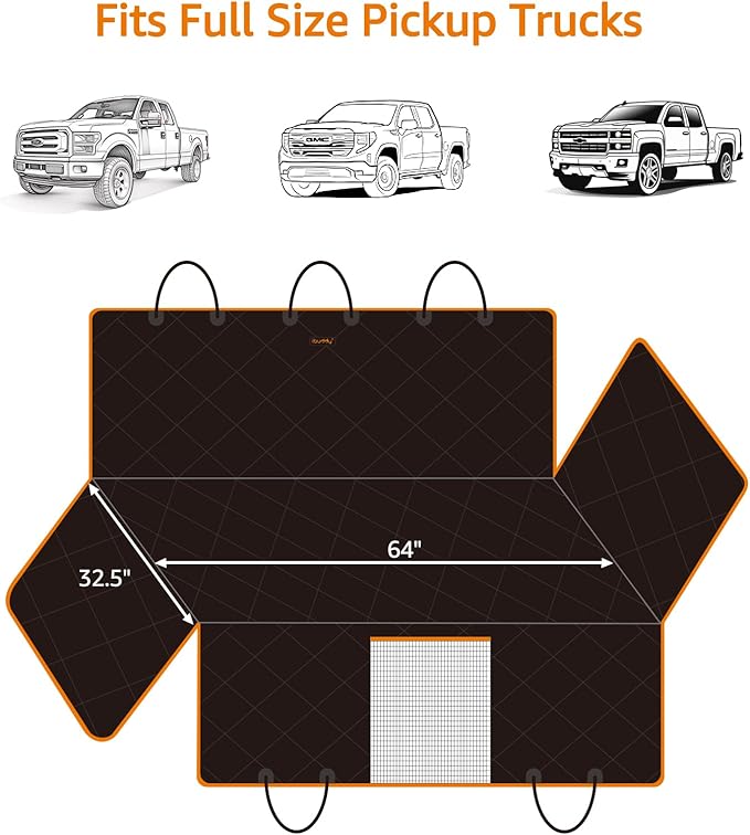 iBuddy Floor Truck Seat Cover for Dogs with Flip Up Rear Seats Truck Pet Hammock Protects Vehicle from Hair, Scratches and Dirt, Back Seat Cover Fits Full Size Pickup Truck Ford F150 F250 Silverado