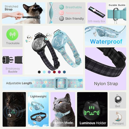 Waterproof Airtag Cat Collar, Breakaway Cat Airtag Collar with Luminous & Reflective Fish Pattern, Lightweight Kitten Collars for Apple Air tag, Hidden GPS Tracker Holder for Cats, Kittens(9-13")