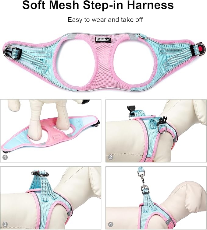 Mercano Soft Mesh Dog Harness and Leash Set, No-Chock Step-in Reflective Breathable Lightweight Easy Walk Vest Harnesses with Safety Buckle for Small Dogs, Cats (L, Pink Blue)