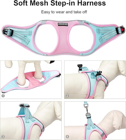 Mercano Soft Mesh Dog Harness and Leash Set, No-Chock Step-in Reflective Breathable Lightweight Easy Walk Vest Harnesses with Safety Buckle for Small Dogs, Cats (L, Pink Blue)