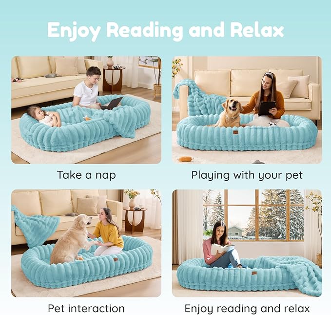 ChiXnuggle Human Dog Bed for Adult - Luxury Striped Faux Fur Giant Dog Bed with Portable Handle, Egg Orthopedic Foam Pad with Thick Blanket, 72"x40"x10", Blue