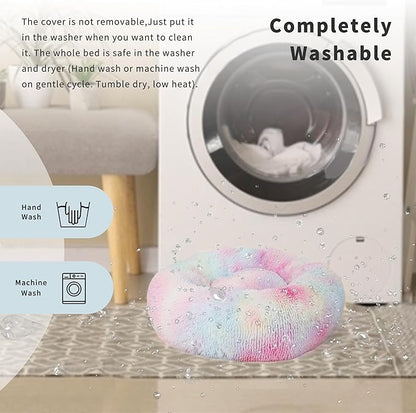 Calming Donut Dogs Beds for Small Dogs Washable,23inch Plush Round Pet Bed for Cozy Sleep,Fluffy Faux Fur Large Cat Bed,Fits up to 25 lbs Pets,Multi Colored