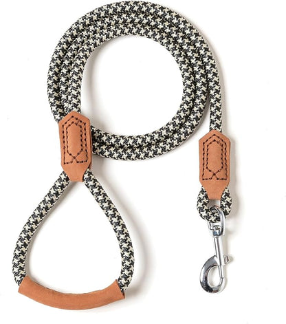 Mile High Life | Premium Leather Handle Dog Leash | Strong Rope Leash | Zinc Alloy Strong Clasp | Small Medium Large Dogs | 4/5/6 Feet(Black Khaki, 72 Inch (Pack of 1))