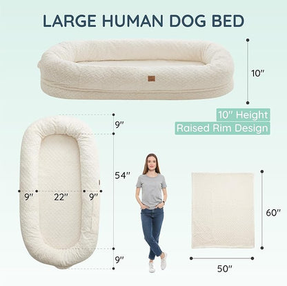 Human Dog Bed for Adult - Luxury Faux Fur Giant Size Dog Bed with Portable Handle, Egg Orthopedic Foam Bed with Blanket, 72"x40"x10", Ivory White