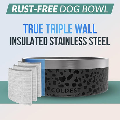 Coldest Dog Bowl - Anti Rust Metal, Non Slip, 3 Layers Insulated Stainless Steel Dog Bowls - Spill Proof & Heavy Duty - Water Bowl for Dogs, Cats & Pets, Dish Washer Safe (64 oz, Black Leopard)